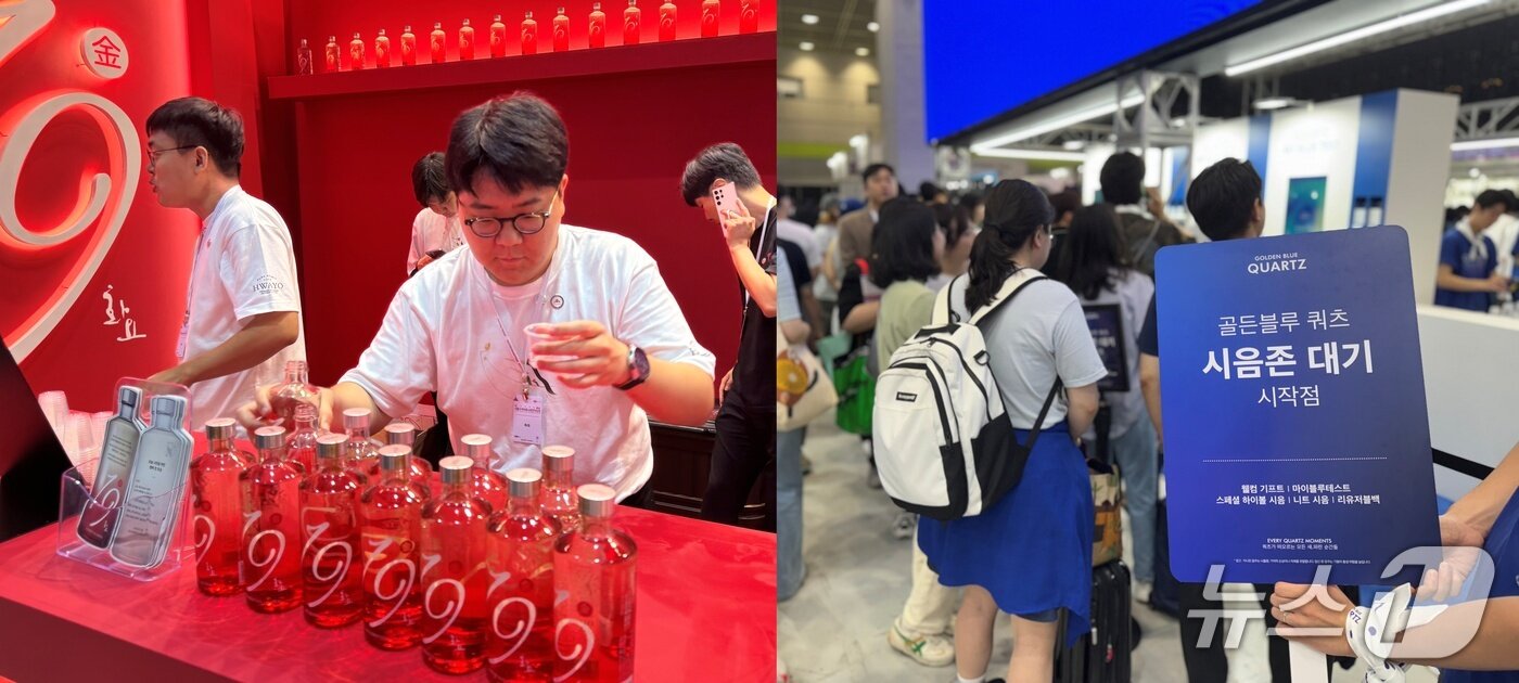 본문 이미지 - 화요(왼쪽)와 골든블루(오른쪽)가 '2025 서울국제주류&와인박람회'에 부스를 마련하고 시음 등 행사를 진행했다. 2025.6.26/뉴스1 ⓒ News1 이강 기자