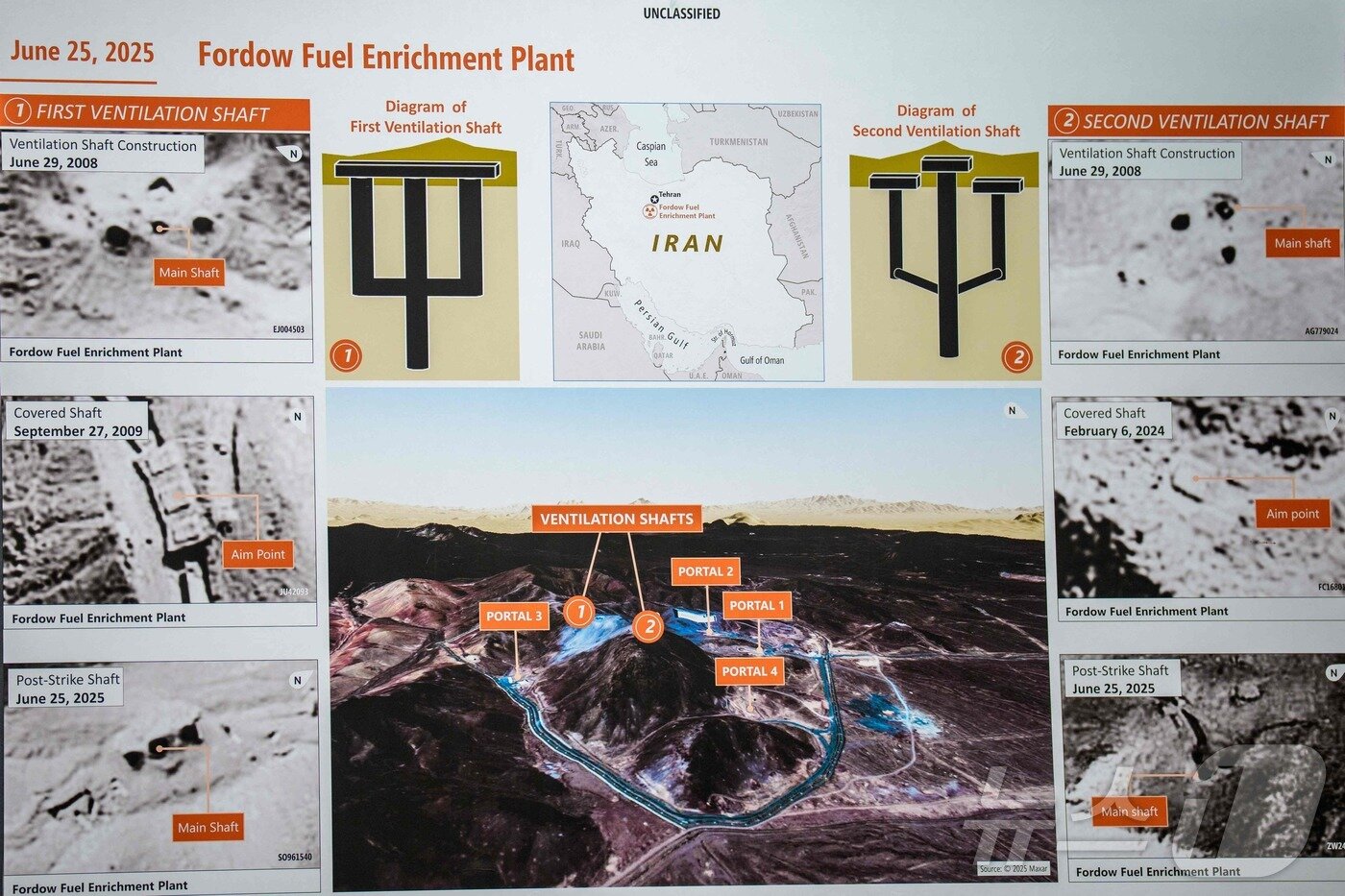 본문 이미지 - 26일&#40;현지시간&#41; 피트 헤그세스 미 국방장관, 댄 케인 합동참모본부의장이 기자회견에서 공개한 이란 포르도 핵 시설 구조 및 공격 개요도. 미군은 지난 21일 이란의 포르도, 나탄즈, 이스파한 등 3곳의 핵시설에 대한 공습을 감행했으며, 지하 90~100m 깊이에 건설된 포르도에 대해서는 이번 이란 공격에 사용된 초대형 관통 폭탄&#40;Massive Ordnance Penetrator&#41; GBU-57 벙커버스터 총 14발 중 12발을 집중적으로 투하했다. 케인 합참의장은 &#34;15년간 국방위협감소국&#40;DTRA&#41; 요원들이 포르도 시설을 분석해 왔고, 맞춤형 무기인 GBU-57을 개발해 지질, 구조, 환기구 위치, 콘크리트 캡 두께까지 고려해 정밀 타격했다＂라고 밝헜다. 2025.06.26 ⓒ AFP=뉴스1 ⓒ News1 류정민 특파원