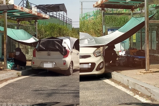 "버스정류장에 천막 치고 토치로 음식 구워먹은 여성…눈 의심" 
