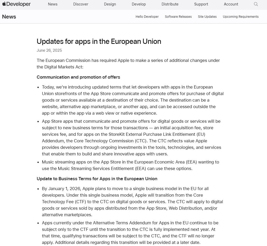본문 이미지 - EU 앱스토어 규정 개편안 (애플 개발자 페이지 갈무리)/뉴스1