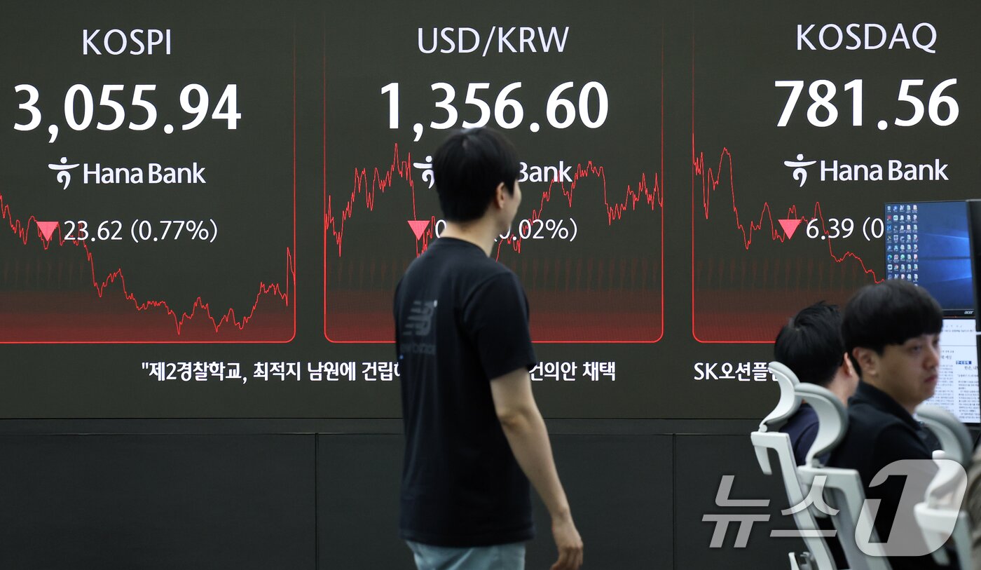 본문 이미지 - 서울 중구 하나은행 본점 딜링룸 전광판./뉴스1 ⓒ News1 오대일 기자