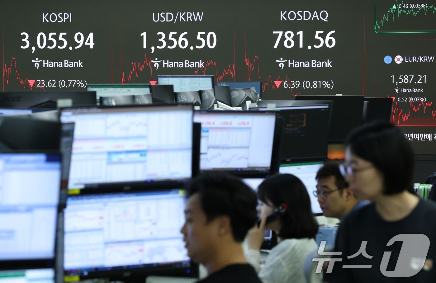 (서울=뉴스1) 오대일 기자 = 코스피가 외국인 매도세로 하락 마감한 27일 오후 서울 중구 하나은행 본점 딜링룸 전광판에 코스피 지수가 표시되고 있다.이날 코스피 지수는 전 거래 …