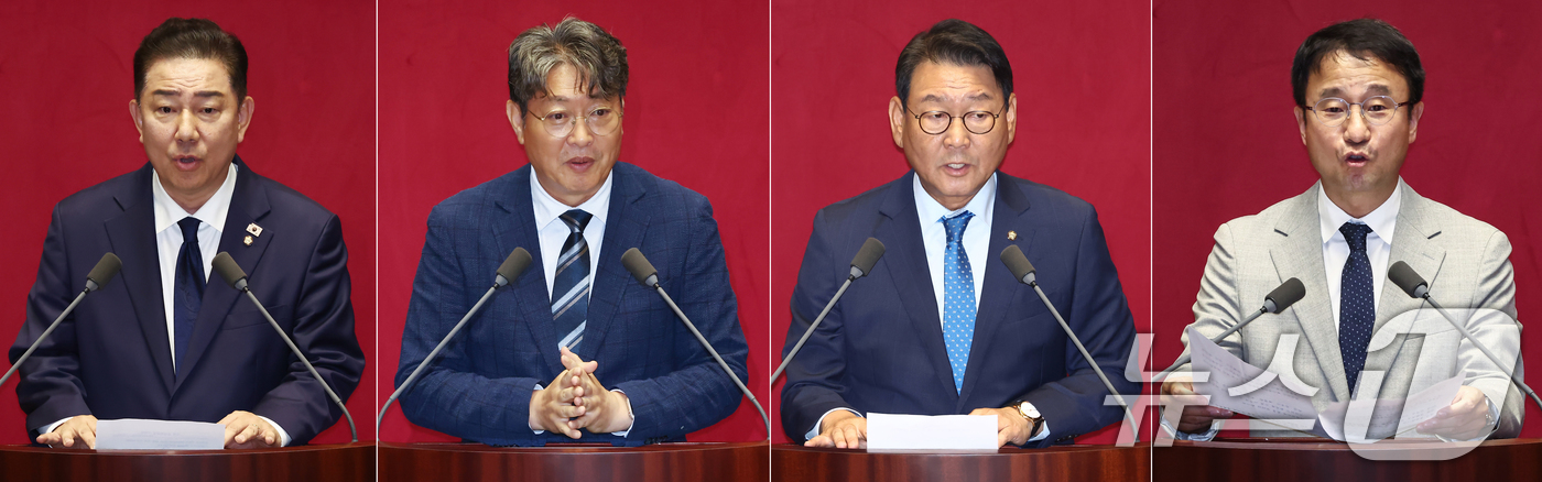 (서울=뉴스1) 김민지 기자 = 김병기 국회 운영위원장(왼쪽부터), 이춘석 법제사법위원장, 김교흥 문화체육관광위원장, 한병도 예산결산위원장이 27일 서울 여의도 국회에서 열린 본회 …