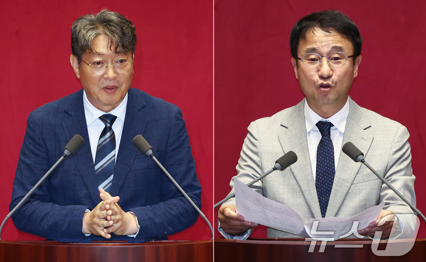 (서울=뉴스1) 김민지 기자 = 이춘석 국회 신임 법제사법위원장(왼쪽)과 한병도 예산결산위원장이 27일 오후 서울 여의도 국회에서 열린 본회의에서 당선 인사말을 하고 있다. 202 …