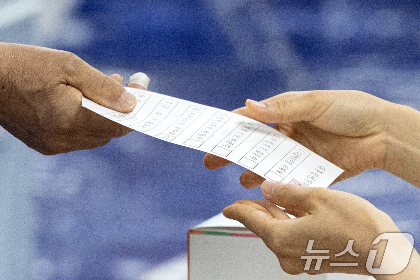 본문 이미지 - 제21대 대통령 선거일인 3일 서울 영등포구 여의도 윤중중학교에 마련된 투표소를 찾은 시민이 투표용지를 받고 있다. 2025.6.3/뉴스1 ⓒ News1 이승배 기자