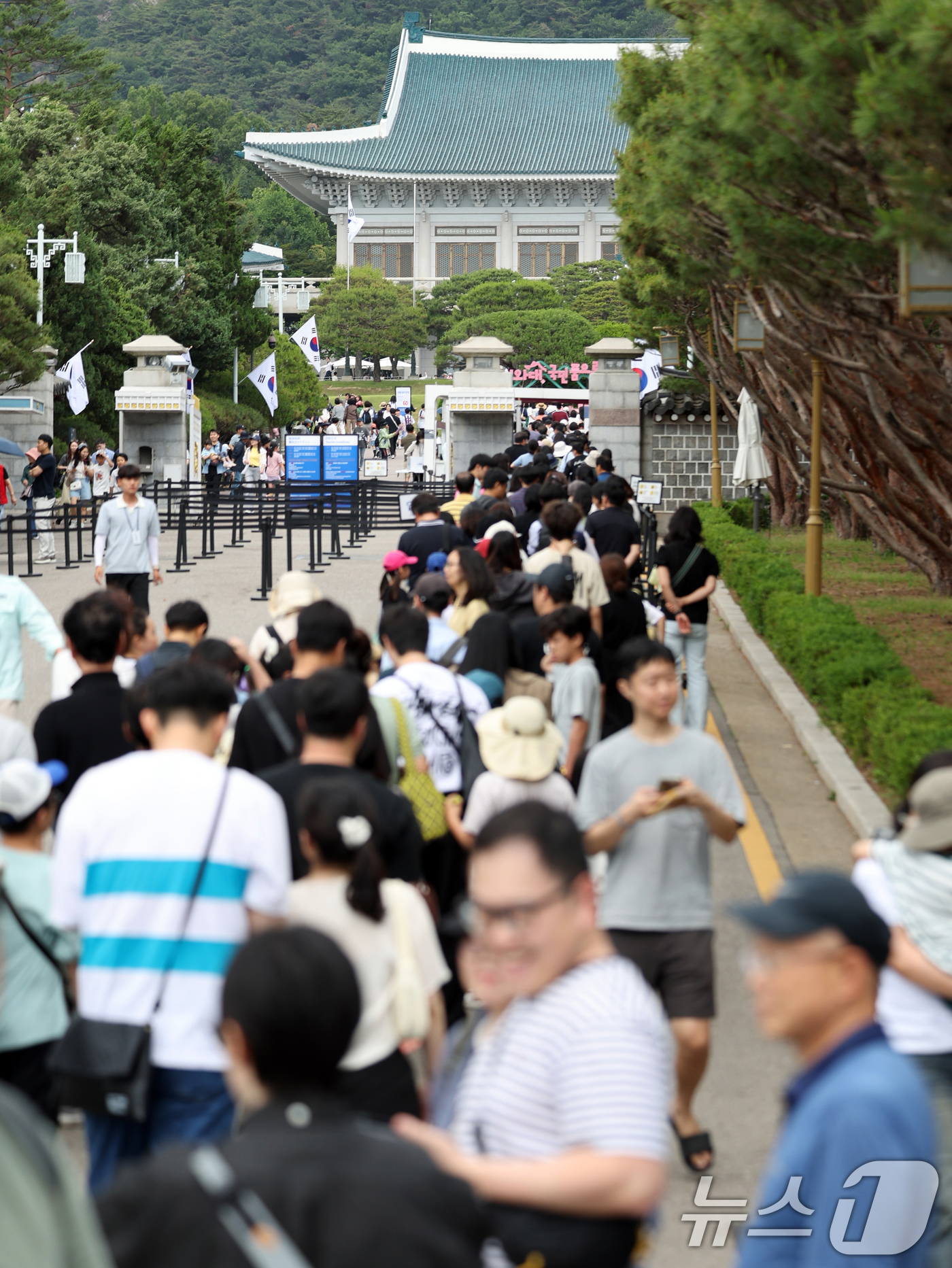 (서울=뉴스1) 황기선 기자 = 제21대 대통령 선거 투표일인 3일 서울 종로구 청와대에서 관람객들이 입장을 위해 줄을 서 있다. 2025.6.3/뉴스1