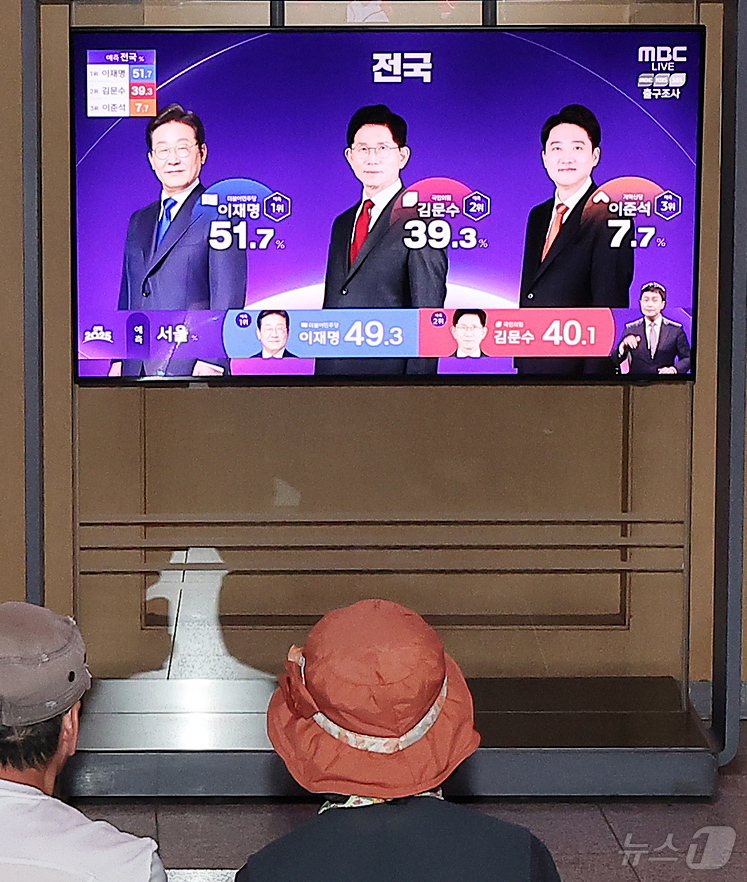 (서울=뉴스1) 김진환 기자 = 제21대 대통령 선거 투표일인 3일 오후 서울 중구 서울역에서 유권자들이 방송3사 출구조사 결과를 확인하고 있다. 2025.6.3/뉴스1