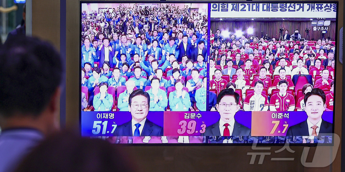 (서울=뉴스1) 김진환 기자 = 제21대 대통령 선거 투표일인 3일 오후 서울 중구 서울역에서 유권자들이 방송3사 출구조사 결과를 TV로 확인하고 있다. 2025.6.3/뉴스1