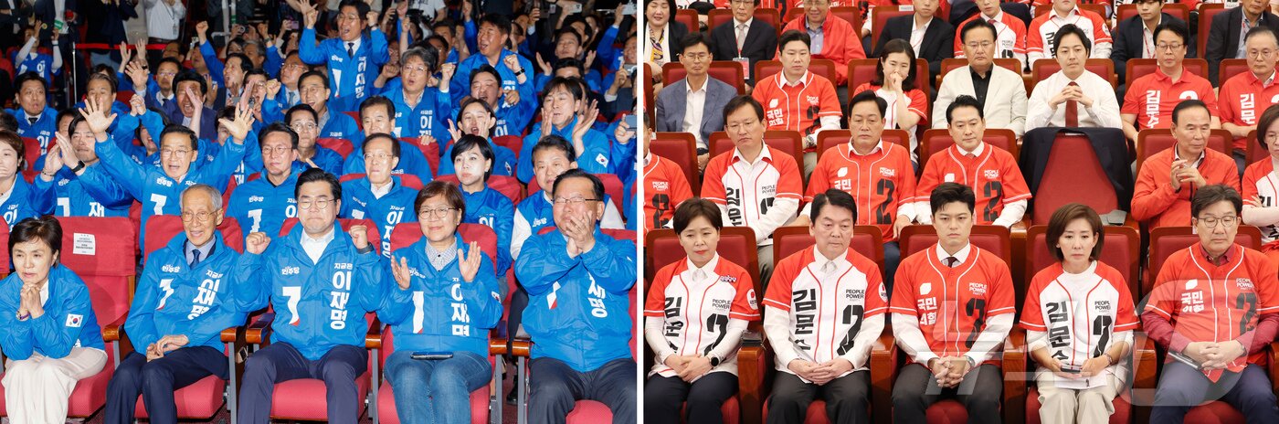 본문 이미지 - 3일 오후 서울 여의도 국회 의원회관과 국회 도서관에 각각 마련된 더불어민주당과 국민의힘 제21대 대통령선거 개표상황실에서 양당 선거대책위원장 등 당직자들이 출구조사 결과를 지켜보고 있다. 2025.6.3/뉴스1 ⓒ News1 이광호 기자,이재명 기자