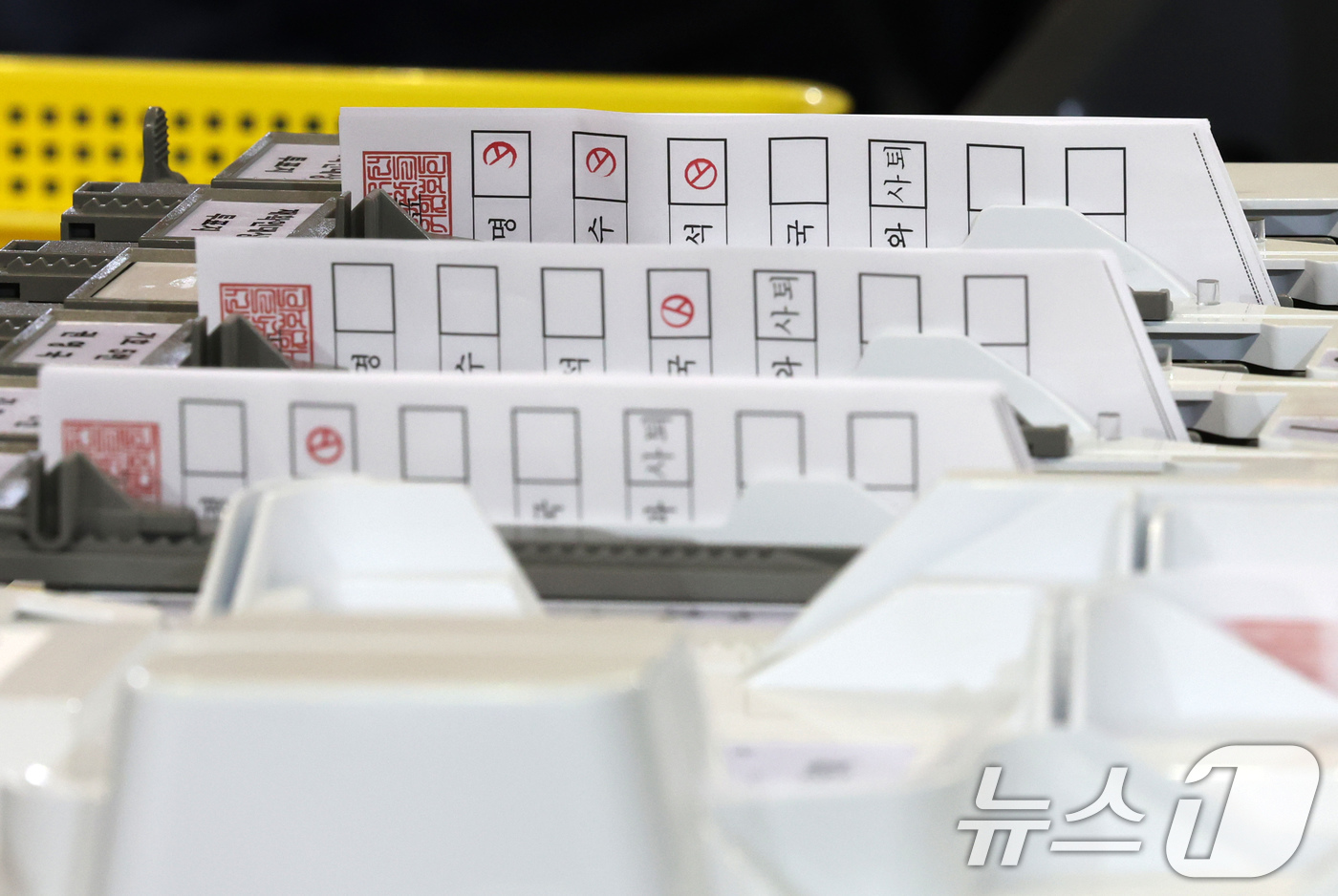 (대전=뉴스1) 김기태 기자 = 제21대 대통령 선거 투표가 실시된 3일 대전 서구 KT인재개발원에 마련된 개표소 투표지분류기에 여러 후보에게 투표한 용지가 분류되고 있다. 202 …