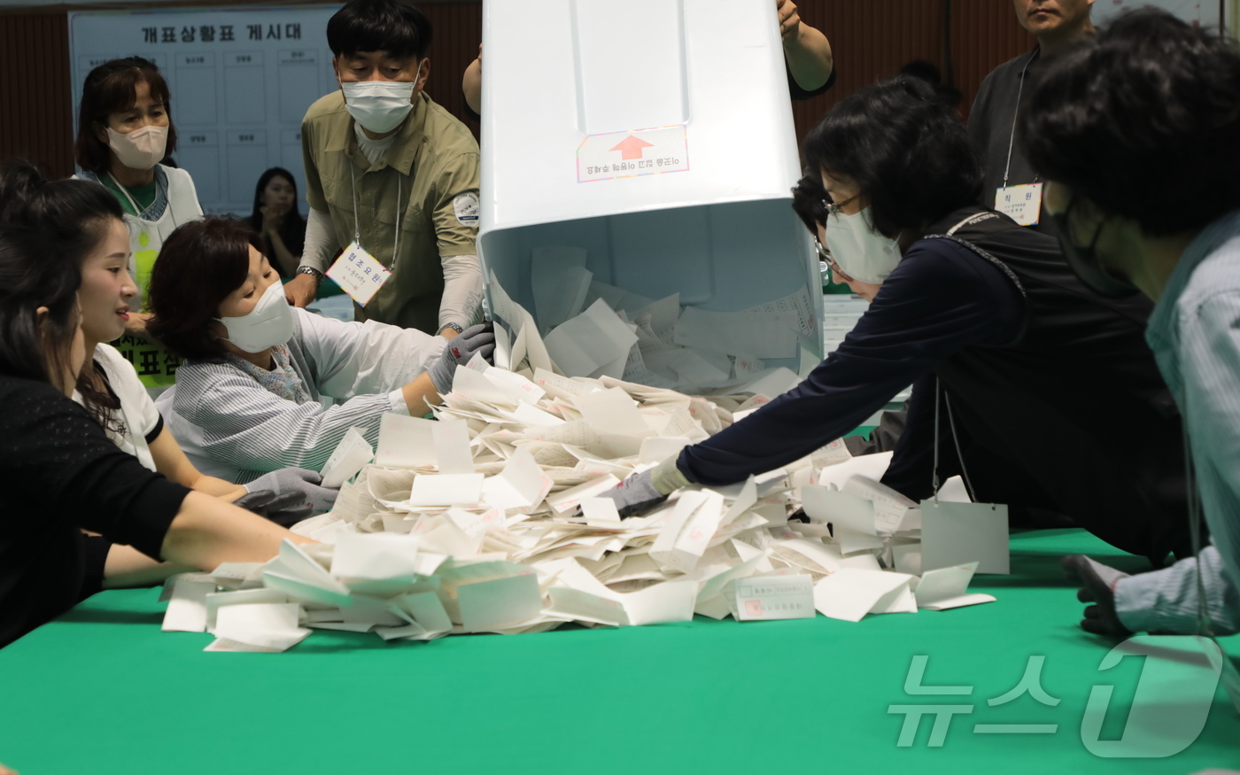 (울산=뉴스1) 김세은 기자 = 21대 대통령선거 투표일인 3일 오후 8시 울산 북구 오토밸리복지센터 체육관에서 개표사무원들이 투표지를 분류하고 있다. 2025.6.3/뉴스1