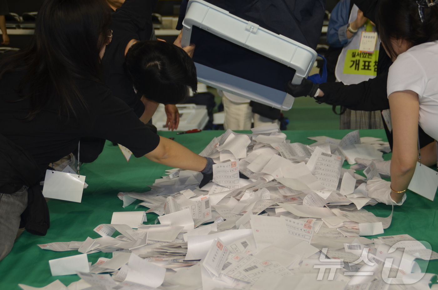 (원주=뉴스1) 신관호 기자 = 제21대 대통령 선거일인 3일 강원 원주시 원주종합체육관에 마련된 개표소에서 개표작업이 진행되고 있다. 2025.6.3/뉴스1