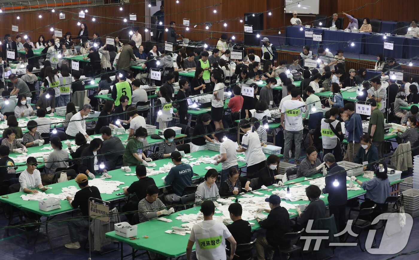 본문 이미지 - 제21대 대통령 선거 투표가 종료된 3일 오후 부산 남구 국립부경대학교 대연캠퍼스 체육관에 마련된 개표소에서 개표사무원들이 투표지 분류 작업을 하고 있다. 2025.6.3/뉴스1 ⓒ News1 윤일지 기자