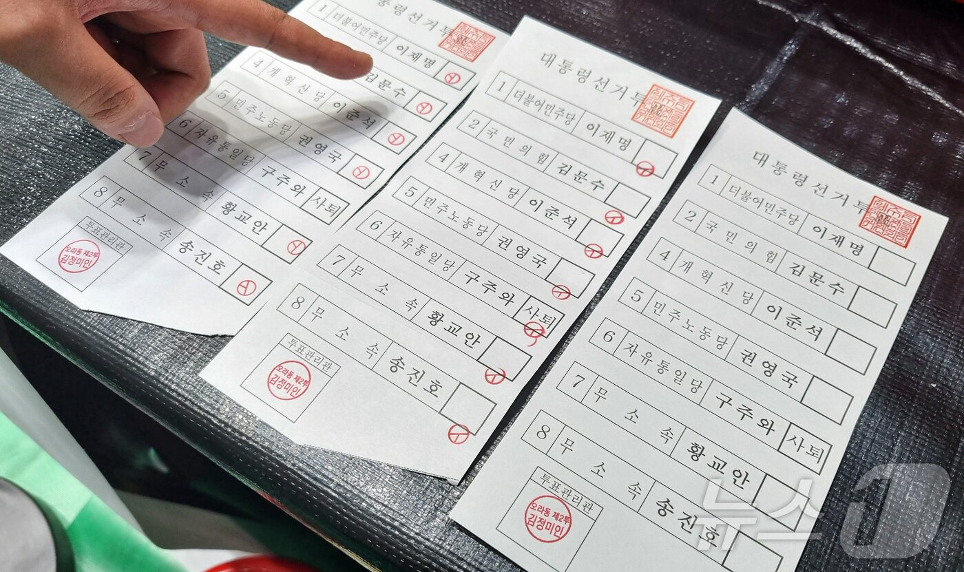 본문 이미지 - 제21대 대통령 선거일인 3일 밤 개표작업이 이뤄지고 있는 제주시 한라체육관에서 무효표가 속출하고 있다. 2025.6.3/뉴스1 ⓒ News1 오미란 기자