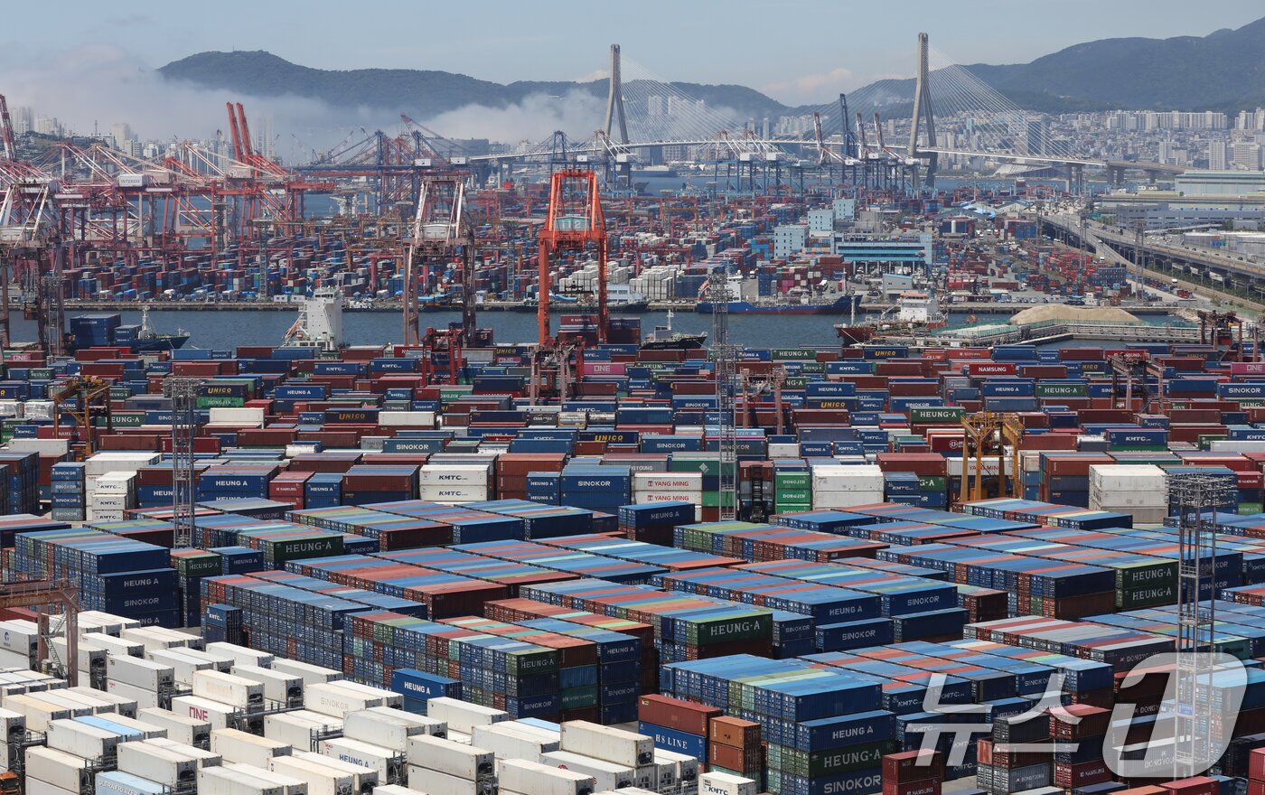본문 이미지 - 부산항 신선대부두와 감만부두 야적장에 컨테이너가 가득 쌓여 있다. 2025.6.30/뉴스1 ⓒ News1 윤일지 기자