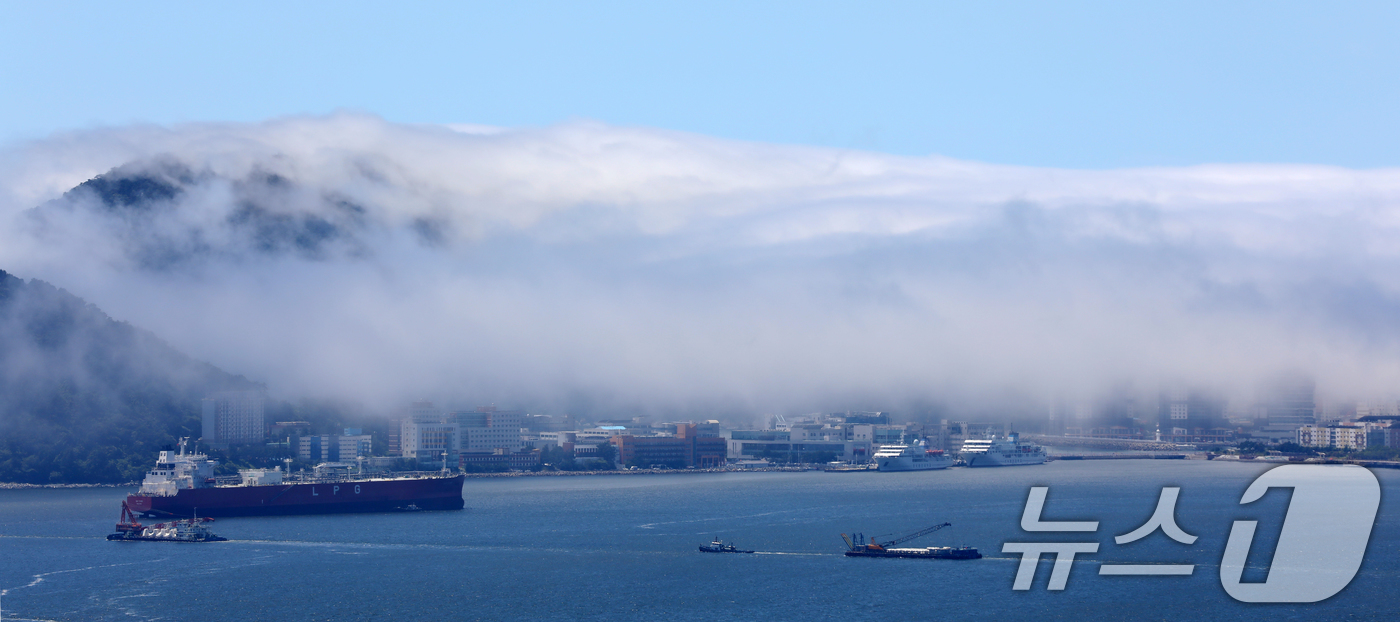 (부산=뉴스1) 윤일지 기자 = 부산에 올해 첫 폭염경보가 발효된 30일 부산 영도구 일대에 짙은 해무(바다 안개)가 뒤덮여 이색적인 풍경을 연출하고 있다.  2025.6.30/뉴 …