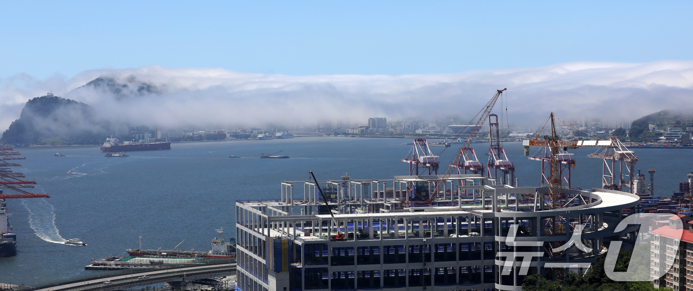 (부산=뉴스1) 윤일지 기자 = 부산에 올해 첫 폭염경보가 발효된 30일 부산 영도구 일대에 짙은 해무(바다 안개)가 뒤덮여 이색적인 풍경을 연출하고 있다.  2025.6.30/뉴 …