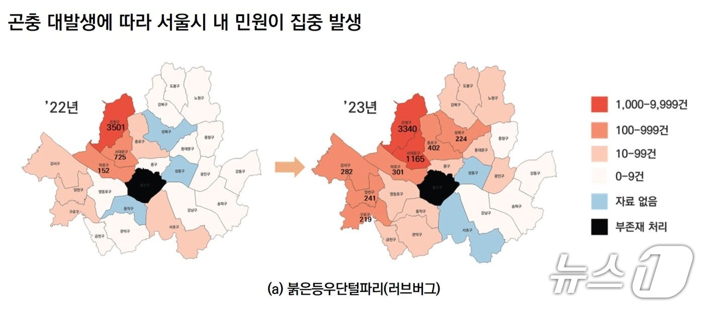 본문 이미지 - 2022~2023년 서울 25개 자치구에 접수된 &#39;러브버그&#39;&#40;붉은등우단털파리&#41; 관련 민원&#40;서울시연구원 보고서 갈무리&#41;