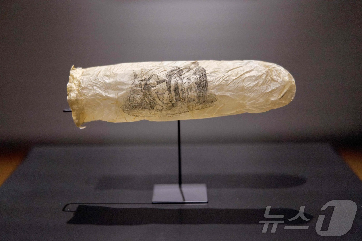 (암스테르담 AFP=뉴스1) 김지완 기자 = 3일(현지시간) 네덜란드 암스테르담의 라이크스뮤지엄이 공개한 1830년 제작된 콘돔. 박물관은 양의 맹장 부위로 제작됐고 매춘업소에서 …