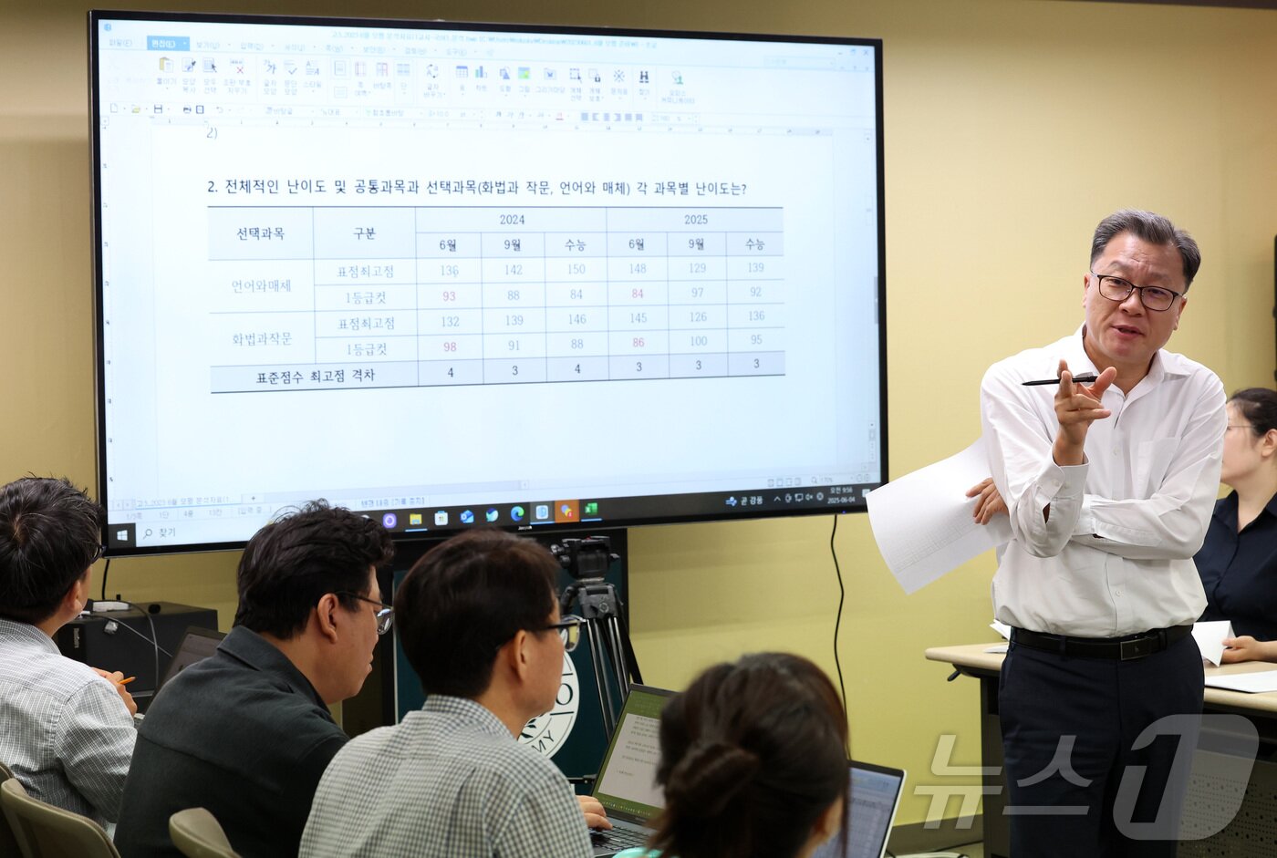 본문 이미지 - 임성호 종로학원 대표와 강사들이 4일 오전 서울 양천구 종로학원 분석상황실에서 6월 평가원 모의고사 문제분석 회의를 하고 있다. &#40;공동취재&#41; 2025.6.4/뉴스1 ⓒ News1 이승배 기자