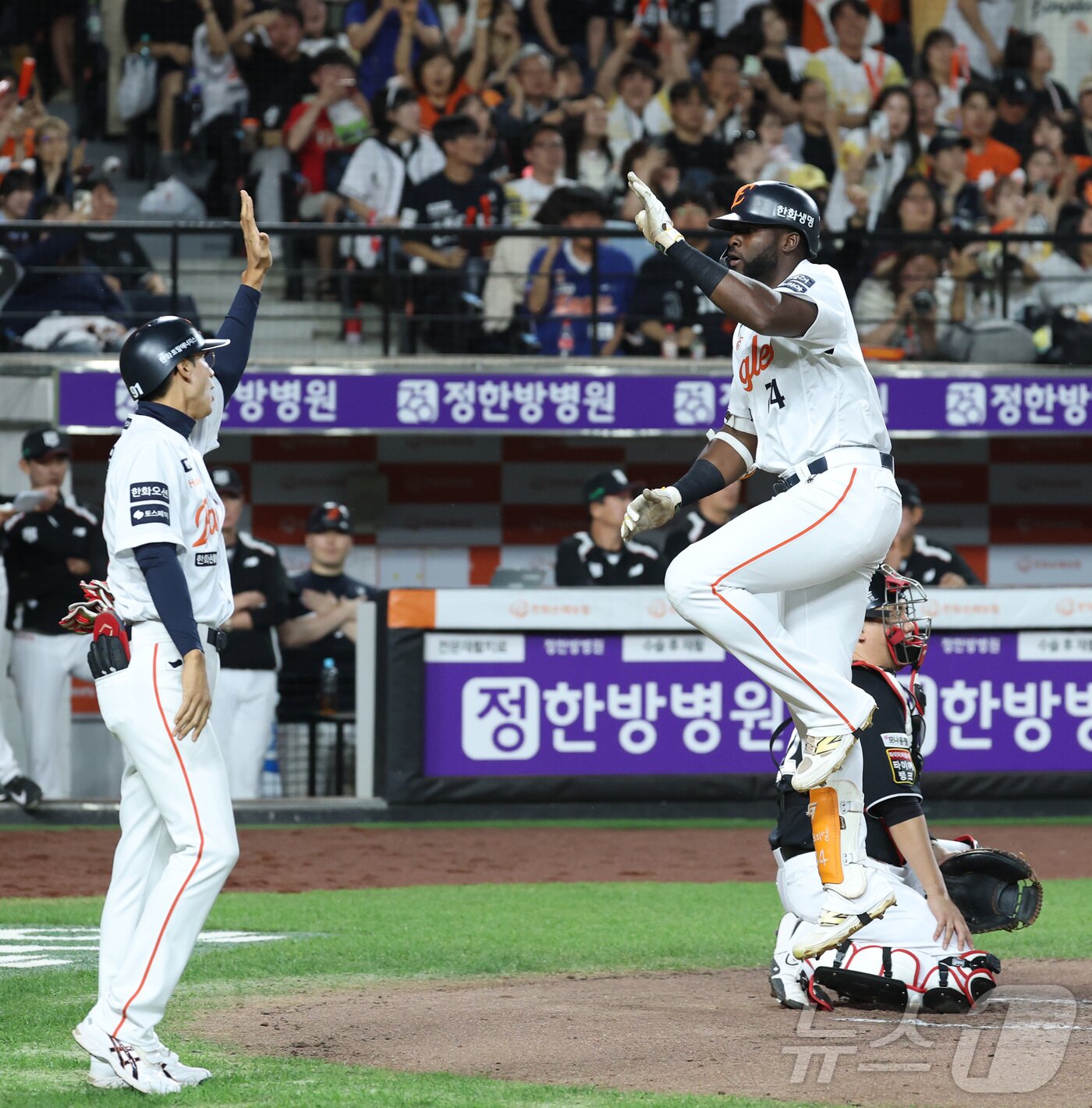 본문 이미지 - 4일 대전 한화생명볼파크에서 열린 '2025 신한 SOL 뱅크 KBO리그' 프로야구 한화 이글스 대 kt 위즈 경기에서 한화 플로리얼이 6회말 1점 홈런을 치고 홈으로 들어오며 점프 세리머니를 하고 있다. 2025.6.4/뉴스1 ⓒ News1 김기남 기자