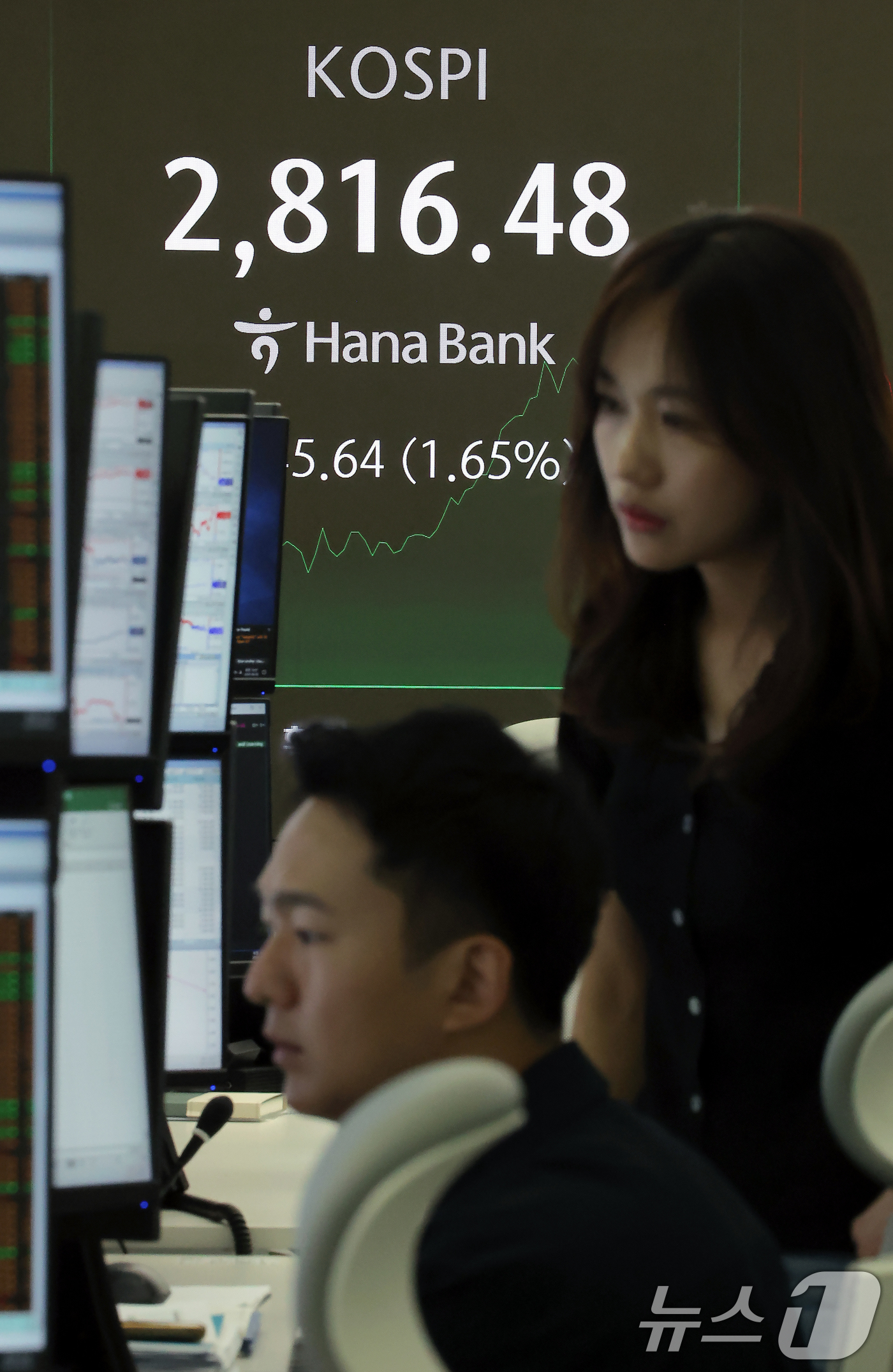 (서울=뉴스1) 박정호 기자 = 이재명 대통령 취임 이튿날에도 코스피가 1%대 상승하며 장중 2820선을 돌파한 5일 오전 서울 중구 하나은행 본점 딜링룸 전광판에 증시가 표시되고 …