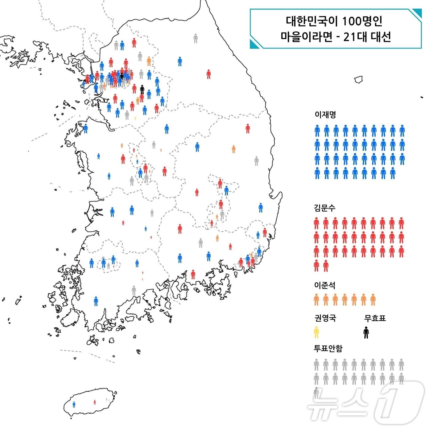 본문 이미지 - 이해중 광주실천교육교사모임 회장이 제21대 대선 지지율 분포를 실제 인구 분포를 기반으로 새로 그린 그림.&#40;이해중 교사 제공. 재배포 및 DB 금지&#41;