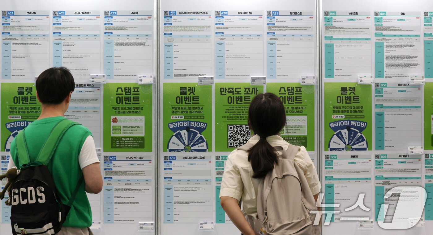 본문 이미지 - 5일 서울 강남구 코엑스에서 열린 2025 강남구 행복 일자리박람회를 찾은 취업준비생들이 채용공고게시대를 살펴보고 있다. 2025.6.5/뉴스1 ⓒ News1 박세연 기자