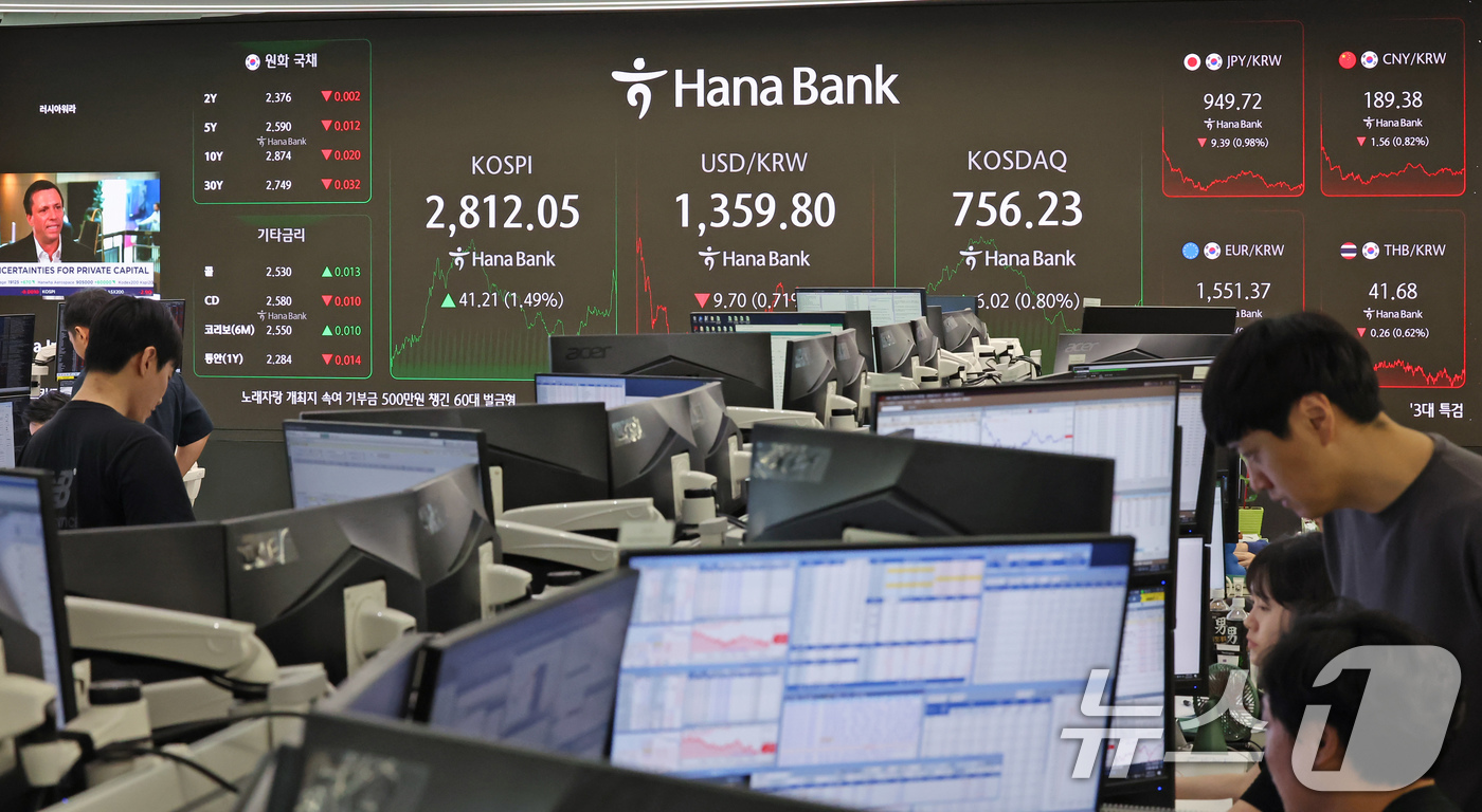(서울=뉴스1) 장수영 기자 = 5일 오후 서울 중구 하나은행 딜링룸에 코스피, 코스닥 종가와 환율 시황이 표시되고 있다.이날 코스피는 외국인 매수에 힘입어 장중 연고점인 2,83 …