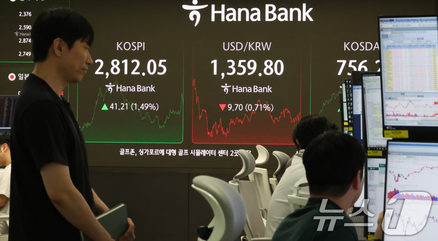 본문 이미지 - 5일 오후 서울 중구 하나은행 딜링룸에 코스피, 코스닥 종가와 환율 시황이 표시되고 있다.   2025.6.5/뉴스1 ⓒ News1 장수영 기자