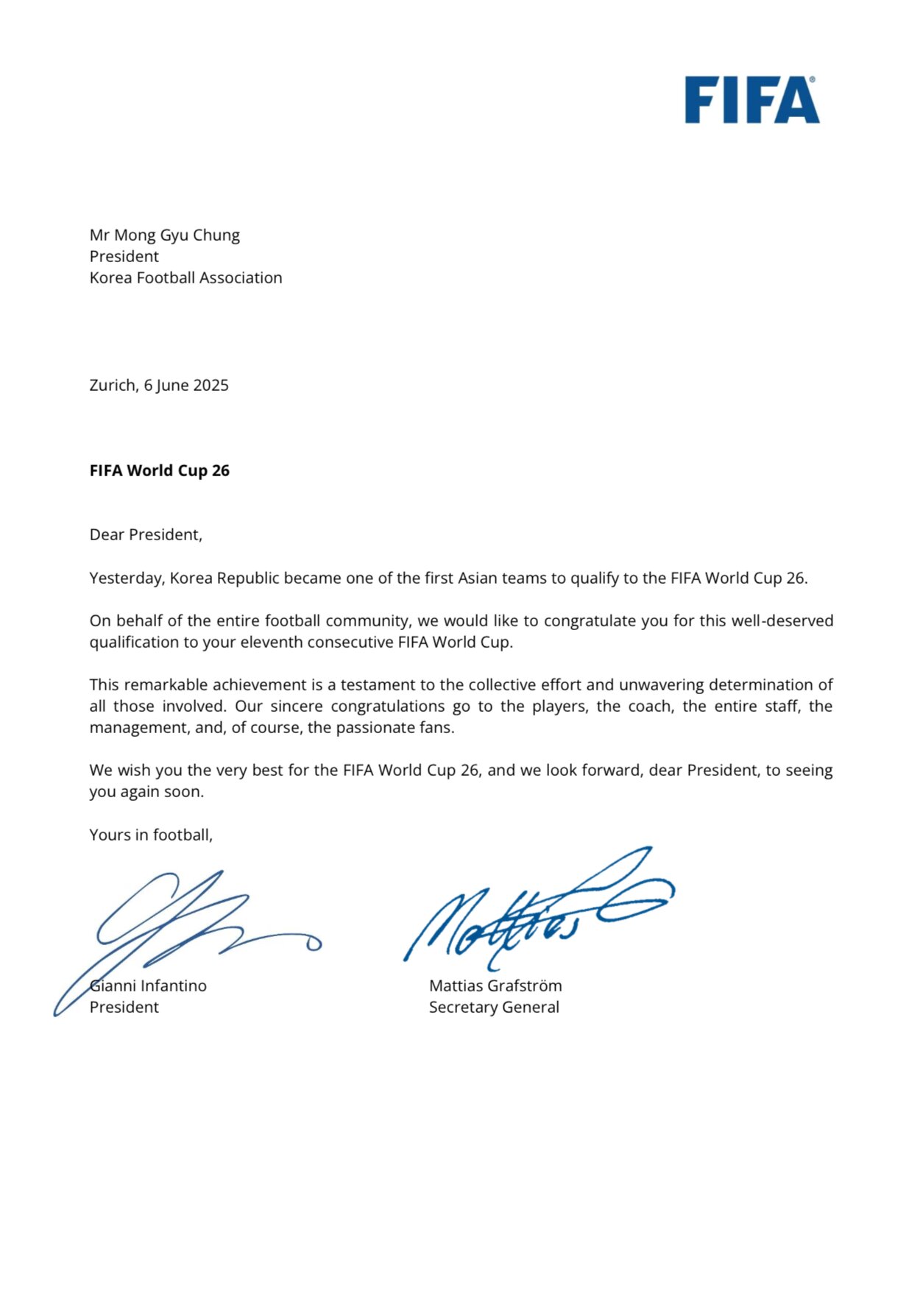 본문 이미지 - 잔니 인판티노 FIFA 회장이 정몽규 대한축구협회장에게 보낸 축하 서신. (대한축구협회 제공)