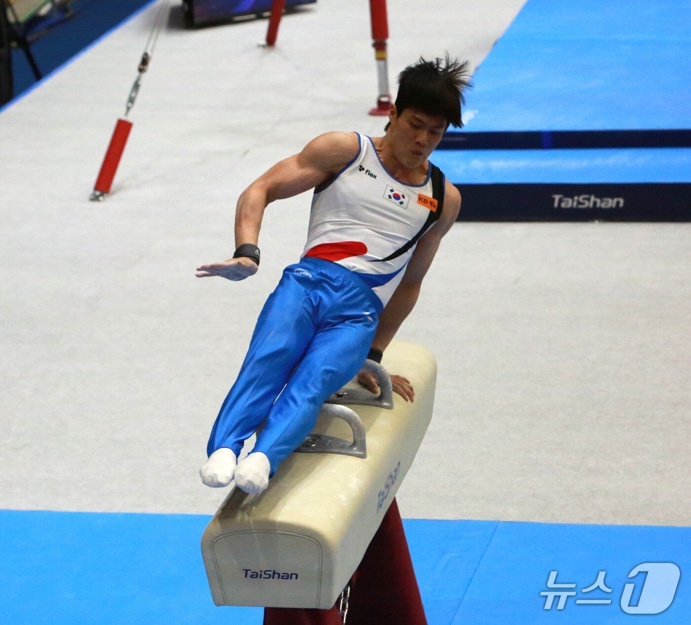 본문 이미지 -  허웅이 2025 기계체조 아시아선수권대회 안마 결승에서 연기를 펼치고 있다.2025.6.7./뉴스1 ⓒ News1 손도언 기자 