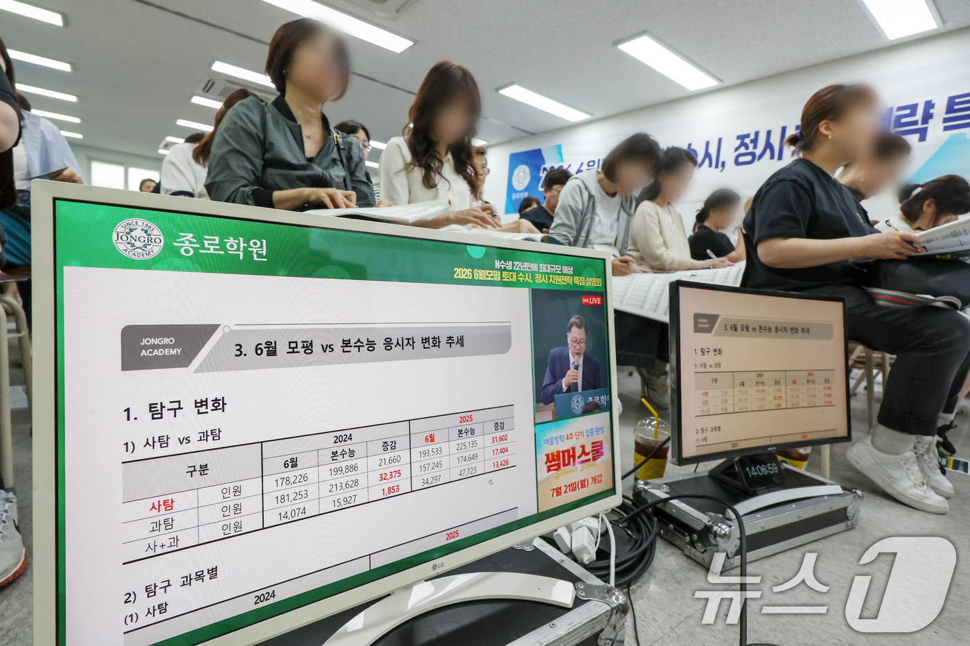 (서울=뉴스1) 민경석 기자 = 8일 오후 서울 성북구 강북종로학원에서 열린 '6월 모평 토대 합격점수 예측 및 2026 수시·정시 지원전략 특집설명회'가 수험생 학부모들로 북적이 …