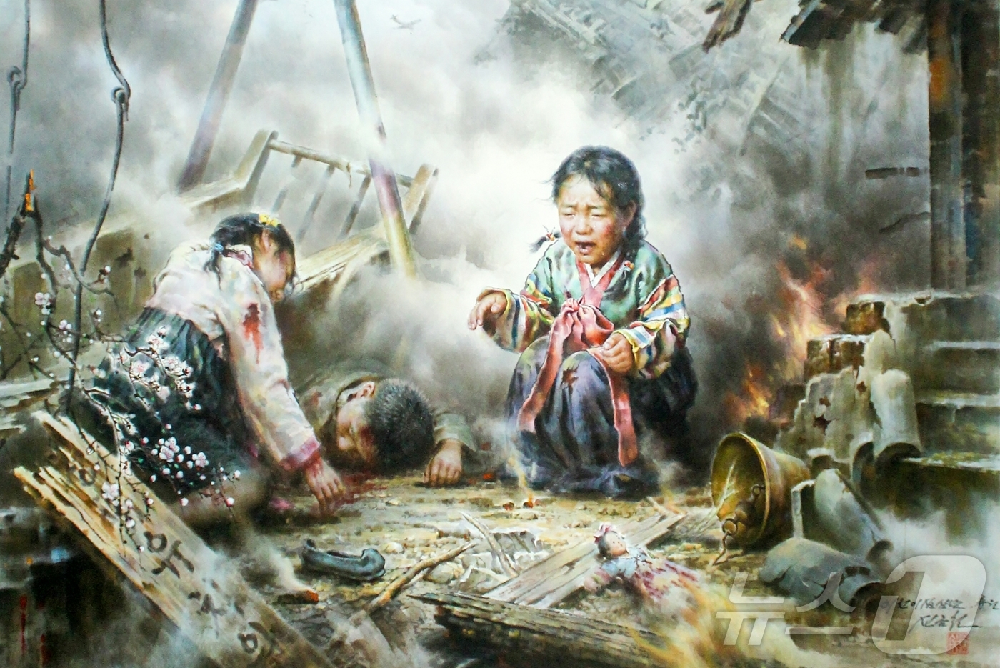 (평양 노동신문=뉴스1) = 북한 노동당 기관지 노동신문은 1일 계급교양 주제 미술전시회장에 전시된 그림들을 조명하며 "아무리 세월이 흐르고 세대가 바뀐다고 해도 미제의 죄행을 절 …