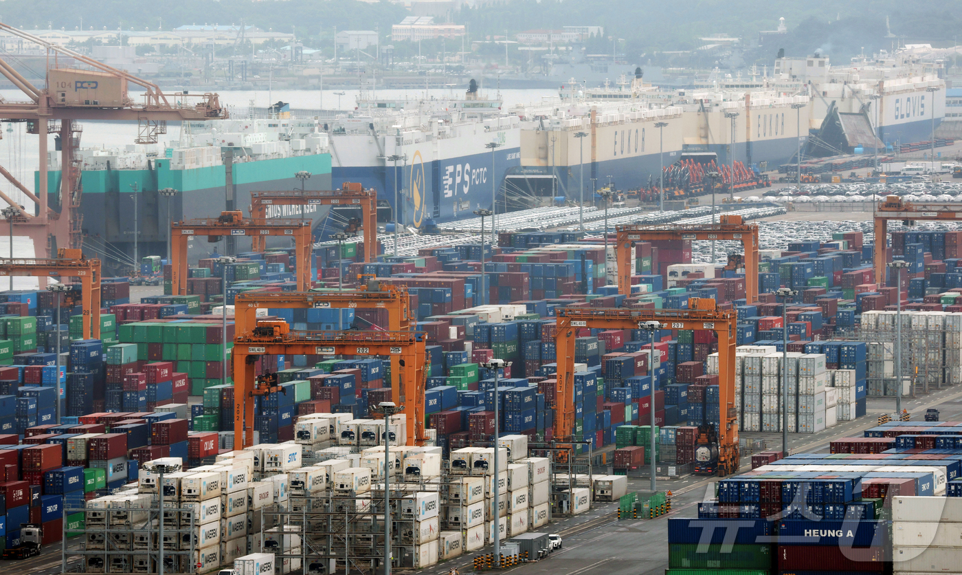 (평택=뉴스1) 김영운 기자 = 1일 경기 평택시 포승읍 평택항에 수출용 컨테이너와 차량들이 세워져 있다.산업통상자원부가 이날 발표한 '6월 수출입 동향'에 따르면 6월 수출액은 …