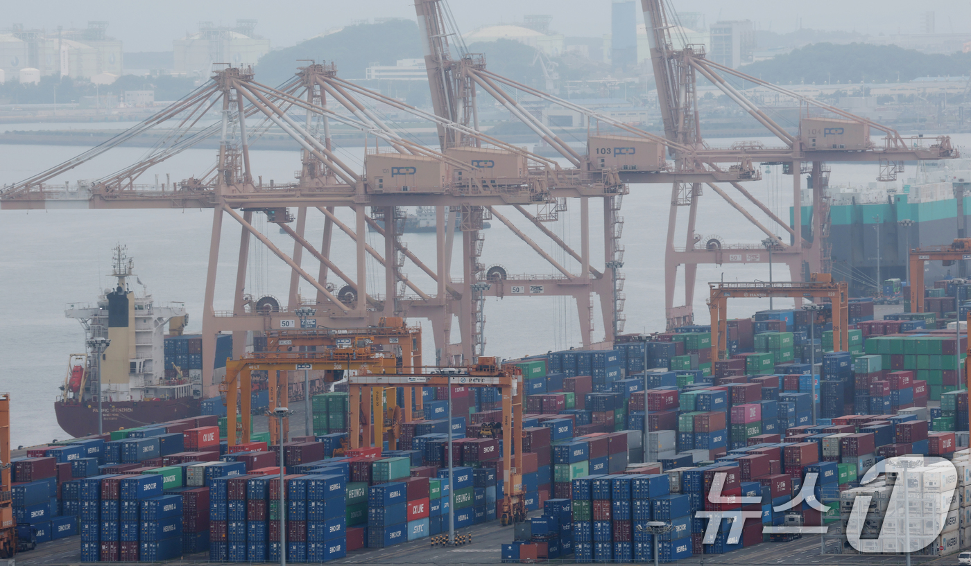 (평택=뉴스1) 김영운 기자 = 1일 경기 평택시 포승읍 평택항에 수출용 컨테이너와 차량들이 세워져 있다.산업통상자원부가 이날 발표한 '6월 수출입 동향'에 따르면 6월 수출액은 …