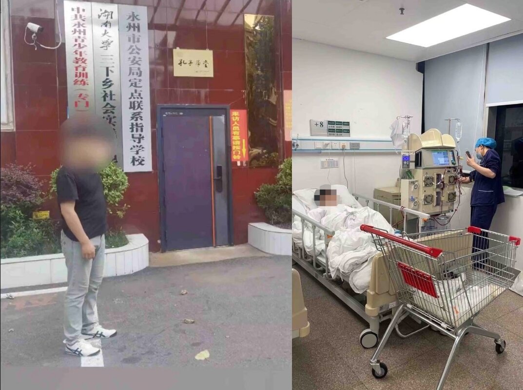 본문 이미지 -  교정 학교 앞에서 사진 찍은 A군, 병원 침대에 누워 있는 A 군. &#40;SCMP 갈무리&#41;