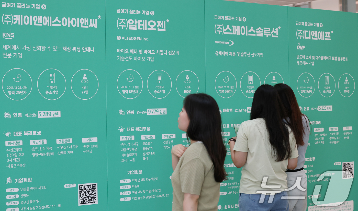 (대전=뉴스1) 김기태 기자 = 1일 대전 대덕구 한남대 캠퍼스혁신파크에서 열린 청년과 지역 우수기업 간 일자리 매칭 '잡(JOB)담(談)'에서 참가 학생이 기업정보를 살피고 있다 …