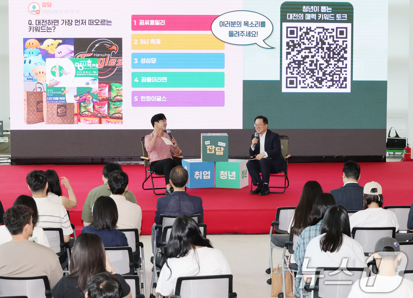 (대전=뉴스1) 김기태 기자 = 이장우 대전시장이 1일 대전 대덕구 한남대 캠퍼스혁신파크에서 열린 청년과 지역 우수기업 간 일자리 매칭 '잡(JOB)담(談)'에서 참가 학생들과 대 …