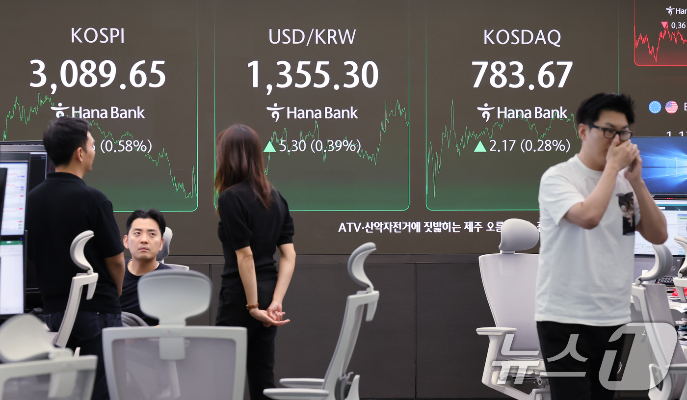 (서울=뉴스1) 장수영 기자 = 1일 오후 서울 중구 하나은행 딜링룸에 코스피, 코스닥 종가와 환율이 표시 되고 있다.이날 코스피는 장중 2% 가까이 오르며 연고점을 갱신했으나 0 …