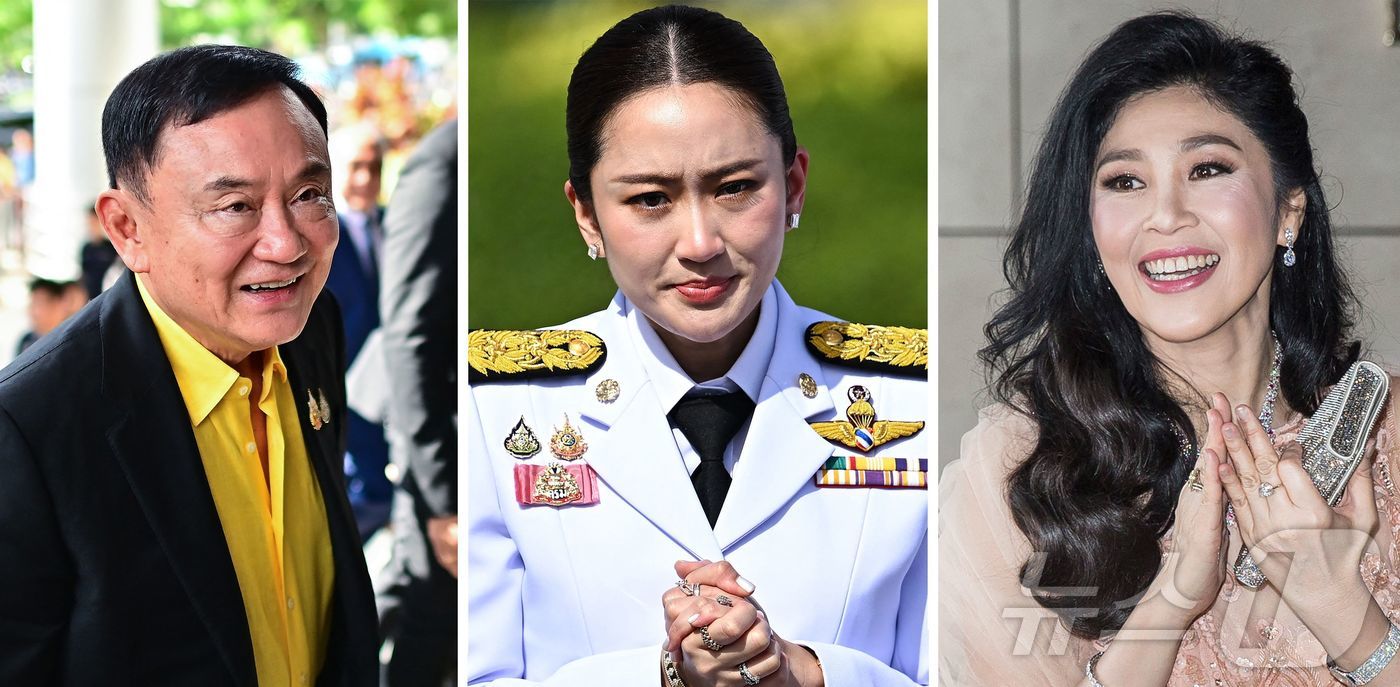 (방콕 AFP=뉴스1) 강민경 기자 = 왼쪽부터 탁신 친나왓, 패통탄 친나왓, 잉락 친나왓. 현직 총리인 패통탄은 탁신의 딸이며 잉락은 탁신의 여동생이다. 2025.7.1ⓒ AFP …