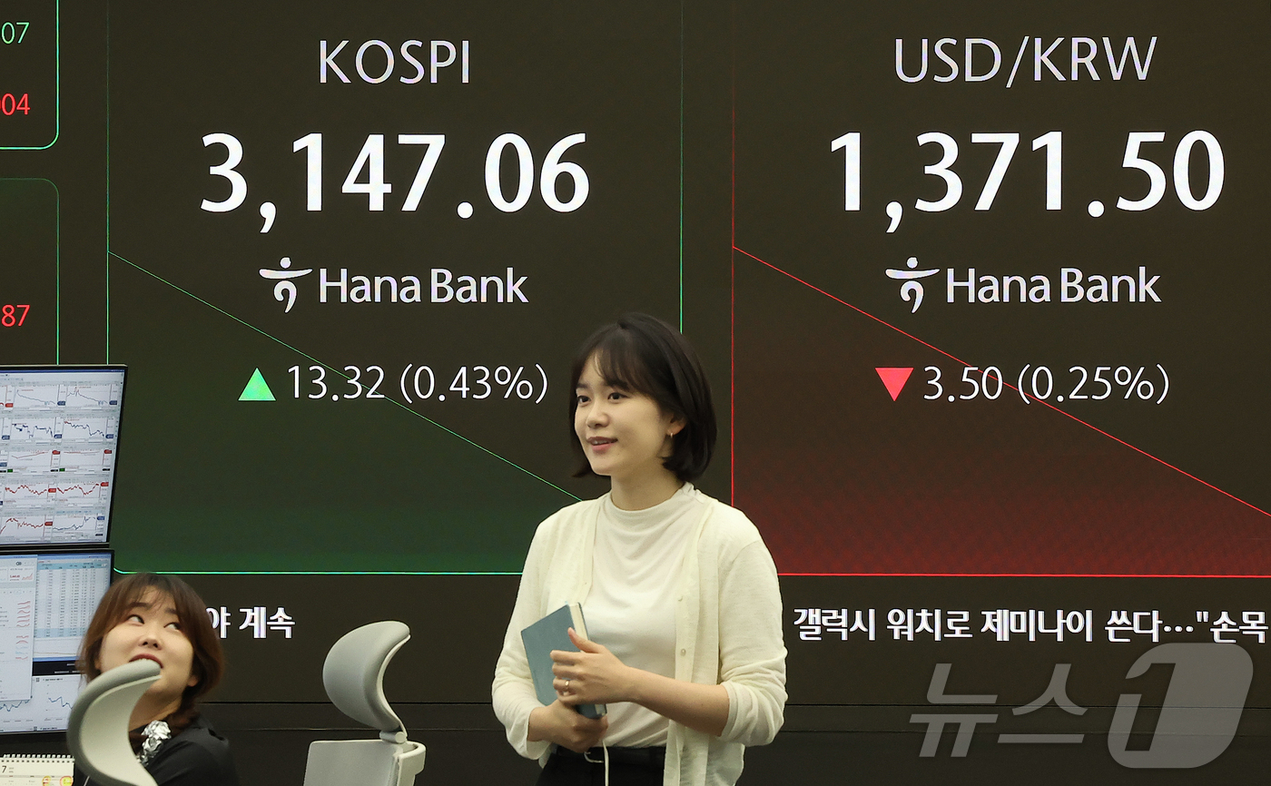 (서울=뉴스1) 김진환 기자 = 10일 오전 서울 중구 하나은행 딜링룸 전광판에 개장 시황이 나오고 있다. 이날코스피는 전 거래일 대비 13.32포인트(0.43%) 오른 3,147 …