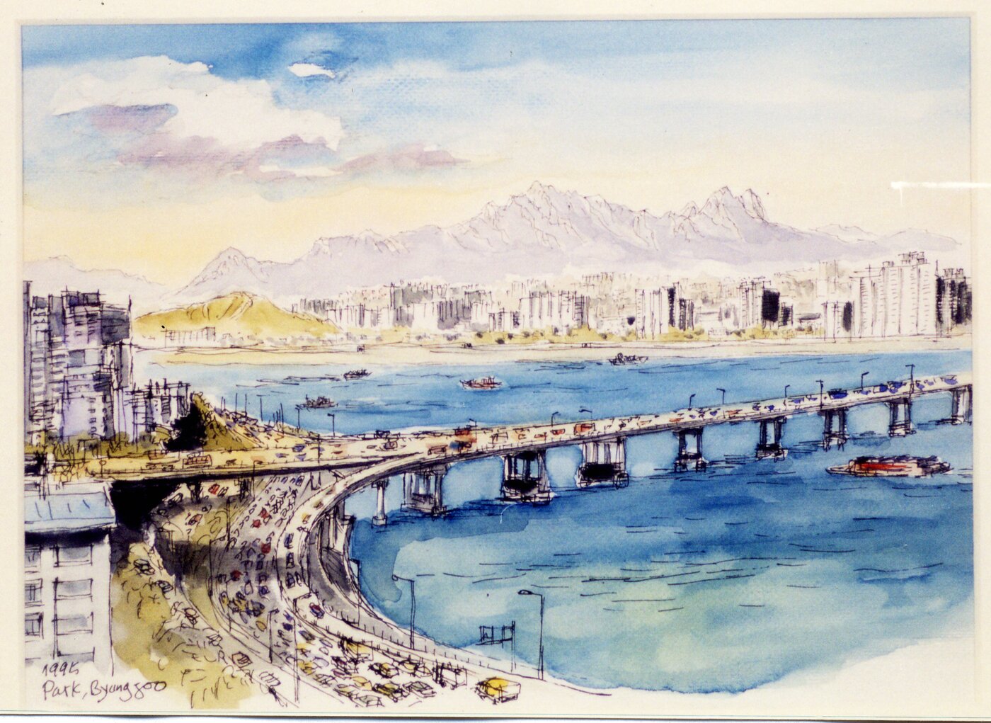 본문 이미지 - 박병주, 서울특별시 도시경관 특징 기록화 (영동대교), 1995, 25&times;34cm, 종이에 펜, 수채, 서울시립미술관 소장 (서울시립미술관 제공)