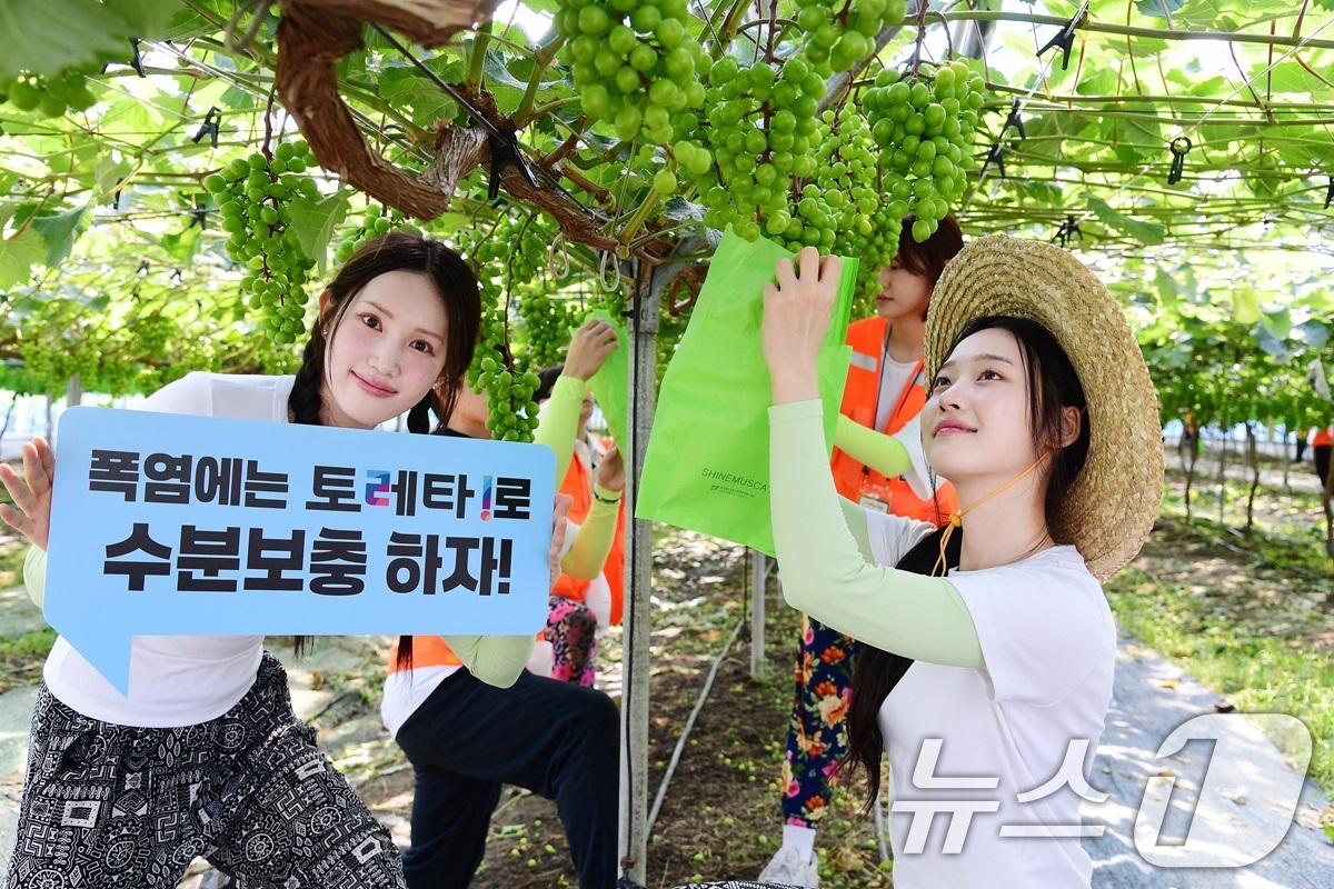 (서울=뉴스1) = 코카-콜라사의 '토레타!'가 대학생 농촌봉사단체에 음료를 지원하고 있다고 10일 밝혔다.지난 9일 경기 안성시 농촌봉사활동 현장에서 모델들이 포즈를 취하고 있다 …