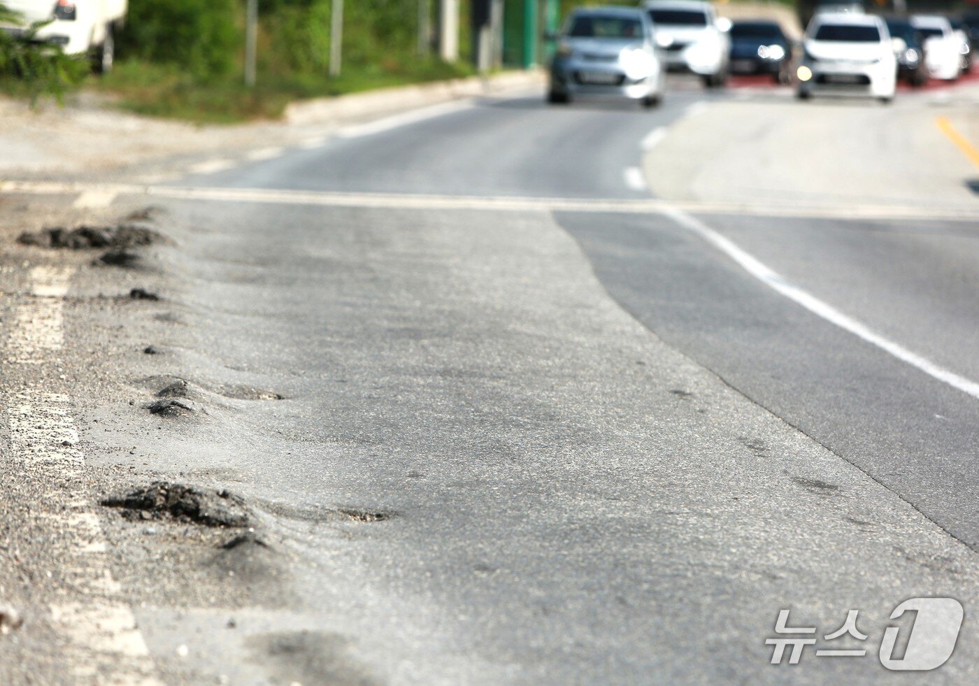 본문 이미지 - 계속된 폭염으로 아스팔트 밀림 현상이 나타난 제천~단양 국도 5호선 커브길을 차량이 지나고 있다.2025.7.10/뉴스1ⓒ News1 손도언 기자 