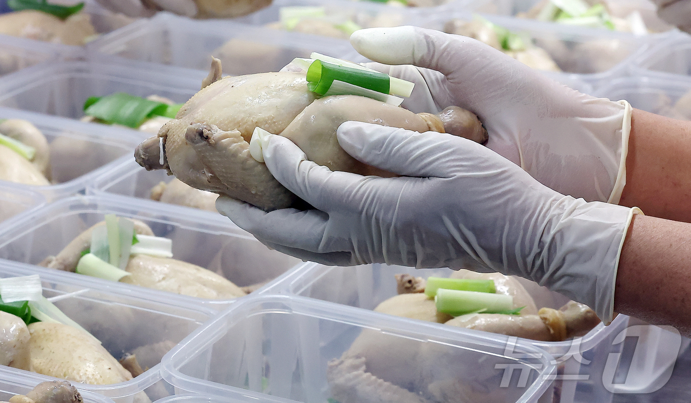 (서울=뉴스1) 김진환 기자 = 초복을 열흘 앞둔 10일 서울 노원구 대한적십자사 서울특별지사 북부봉사관에서 고려아연 임직원과 적십자봉사원들이 초복맞이 취약계층 여름나기 지원 삼계 …