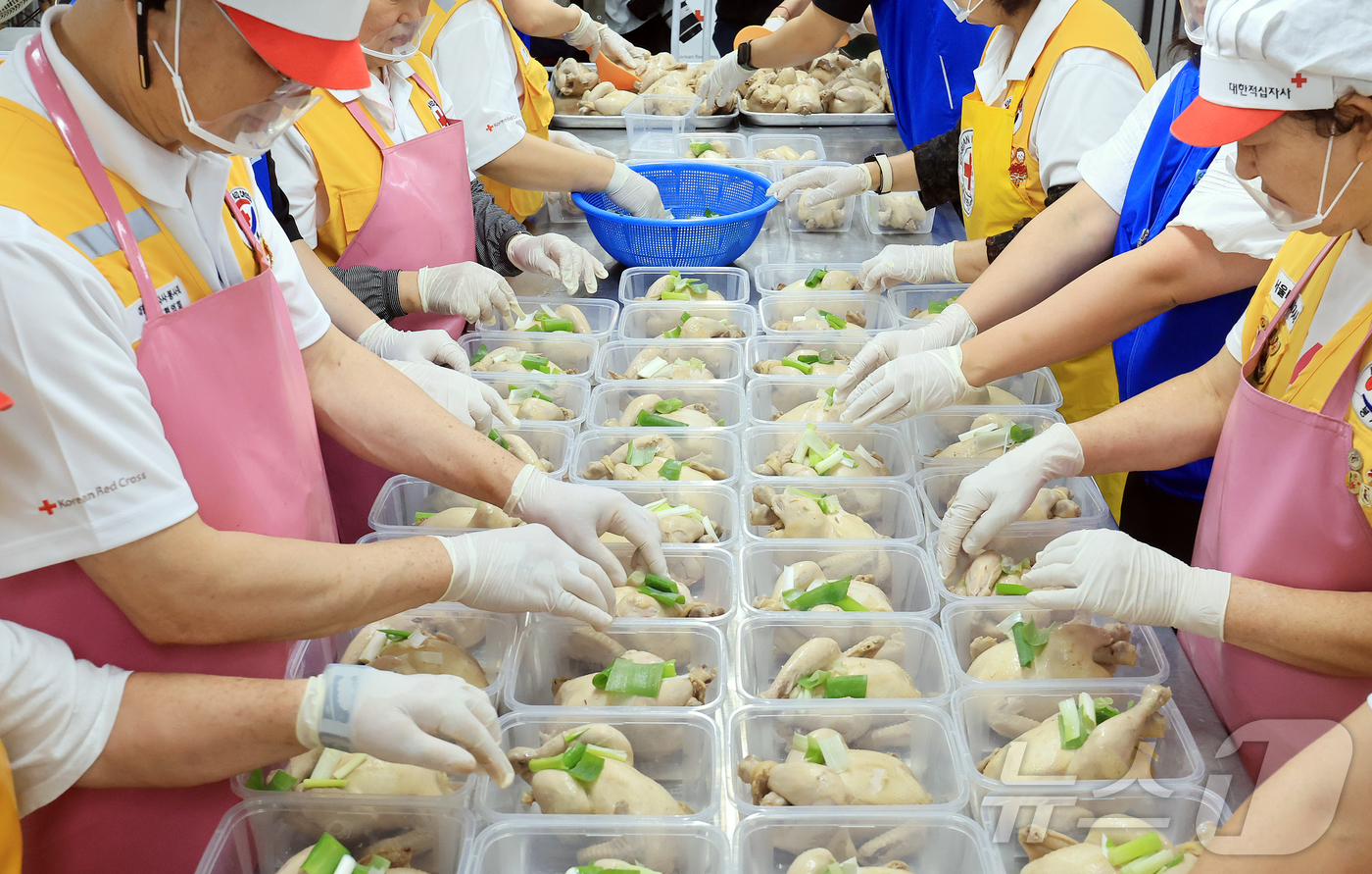 (서울=뉴스1) 김진환 기자 = 초복을 열흘 앞둔 10일 서울 노원구 대한적십자사 서울특별지사 북부봉사관에서 고려아연 임직원과 적십자봉사원들이 초복맞이 취약계층 여름나기 지원 삼계 …