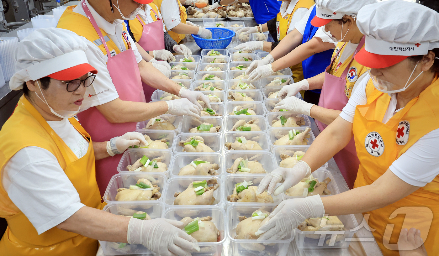(서울=뉴스1) 김진환 기자 = 초복을 열흘 앞둔 10일 서울 노원구 대한적십자사 서울특별지사 북부봉사관에서 고려아연 임직원과 적십자봉사원들이 초복맞이 취약계층 여름나기 지원 삼계 …