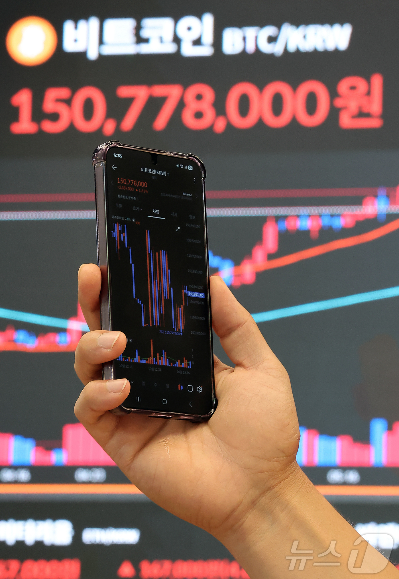 (서울=뉴스1) 김진환 기자 = 10일 오후 서울 강남구 서초구 빗썸라운지 강남본점 전광판에 비트코인 거래 가격이 표시되고 있다.비트코인은 지난 9일(현지 시간) 미국 최대 가상자 …