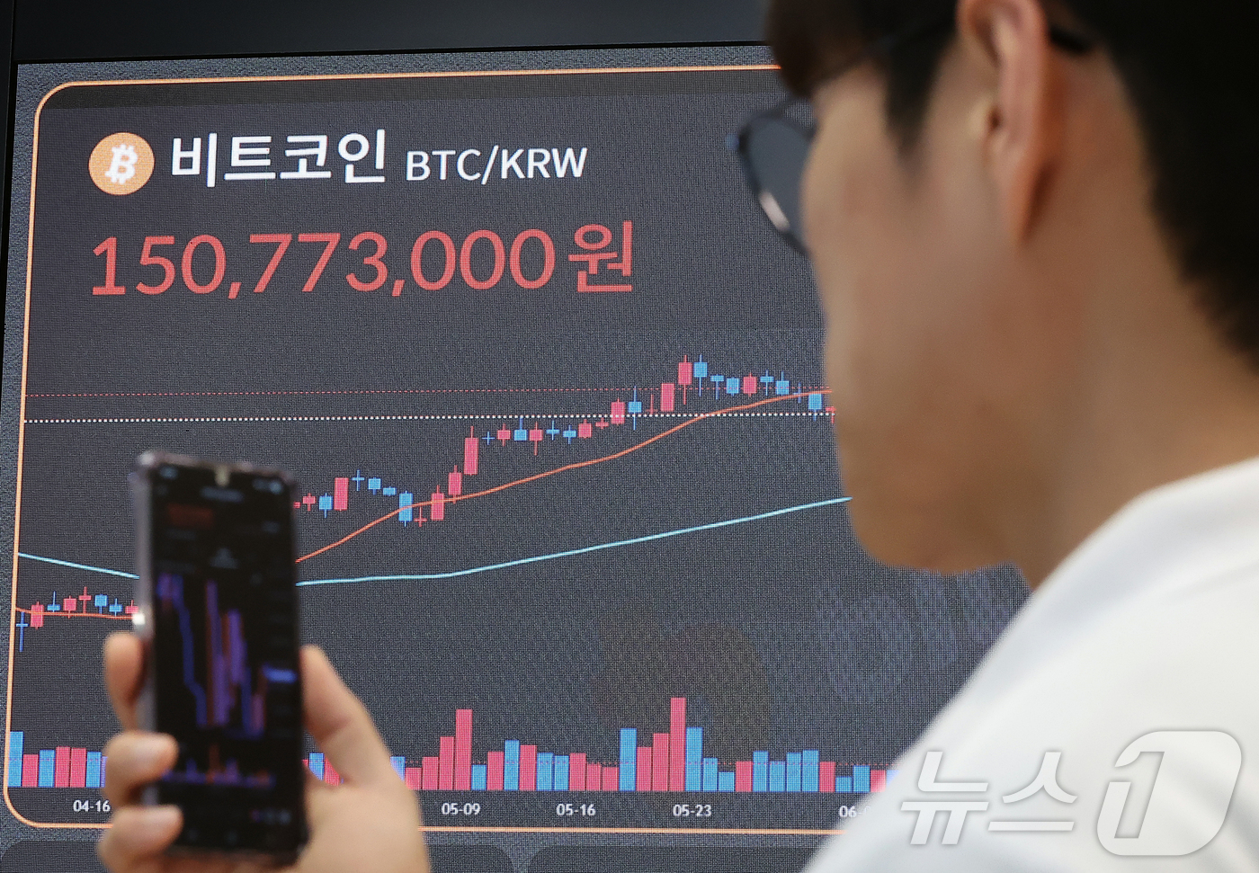 (서울=뉴스1) 김진환 기자 = 10일 오후 서울 강남구 서초구 빗썸라운지 강남본점 전광판에 비트코인 거래 가격이 표시되고 있다.비트코인은 지난 9일(현지 시간) 미국 최대 가상자 …